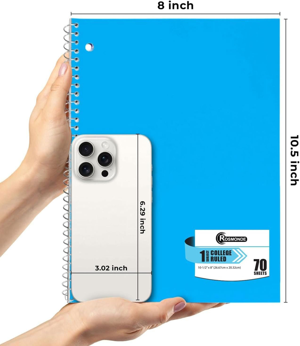50 Pack, 1 Subject Spiral Notebook College Ruled Bulk, 140 Pages (70 Sheets), Thick No-Bleed Paper, 8 x 10-1/2", 3 Hole Punched, College Ruled Notebook 1 Subject Bulk, Subject Notebook