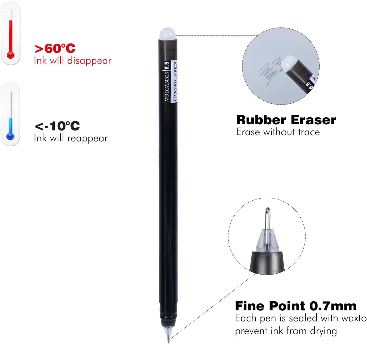 Volcanics Erasable-Gel-Pens Black, 30 Pack Fine Point 0.5 mm, Mistakes Dispear Smudge Free Perfect for School, Office, and Home Use
