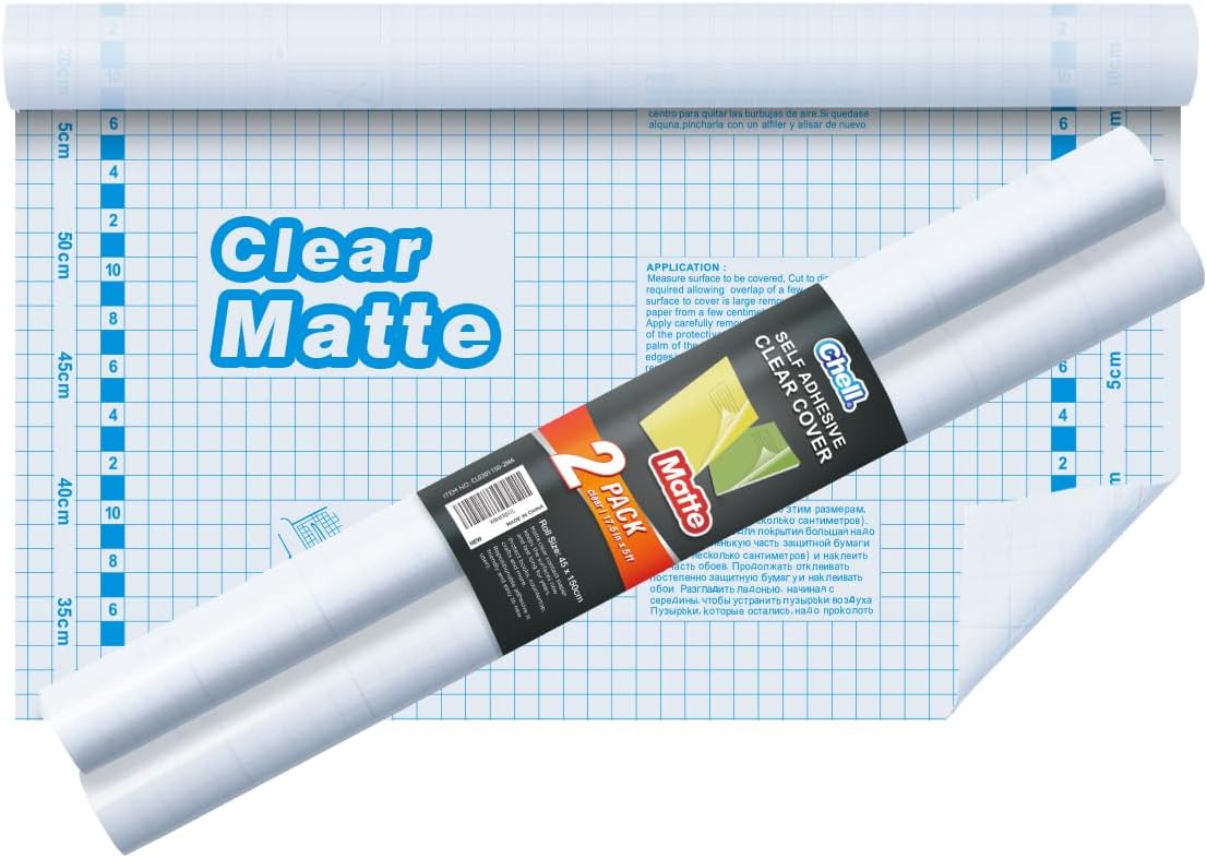 Chell 2 Pack Matte Clear Contact Paper Roll for Books, Crafts and Countertops, Self Adhesive Book Cover, 17.5 in x 5 ft