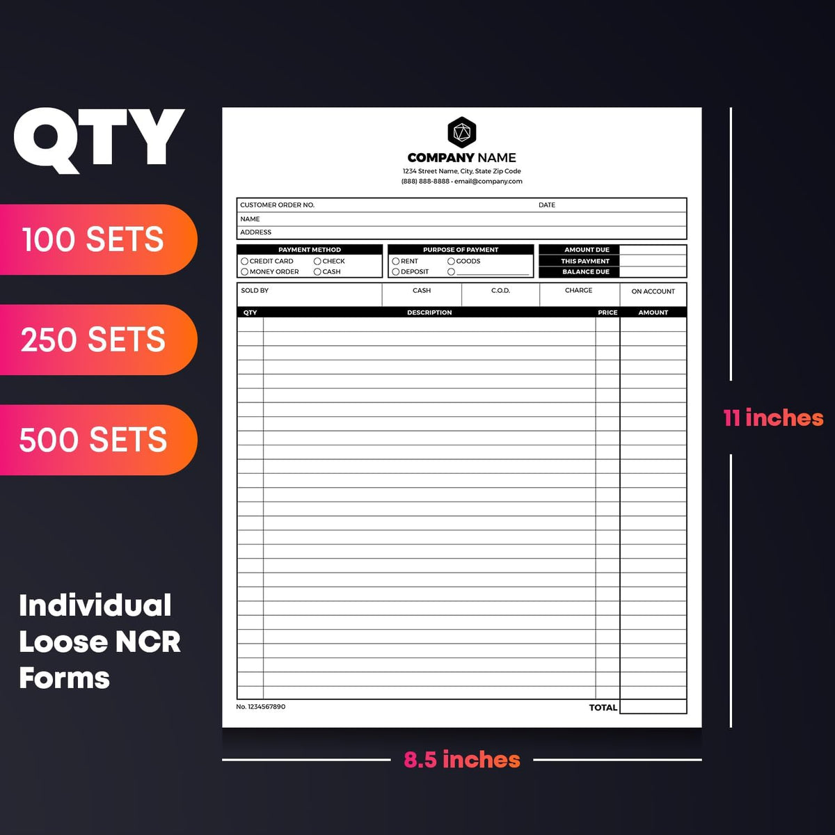 Custom Print 8.5" x 11" Carbonless NCR Forms for Printing Business and Company Invoices, Receipts, Work Orders, Sales Orders, Purchase Orders, Estimates and Quotes - Loose Sheets (2-Part, 500)