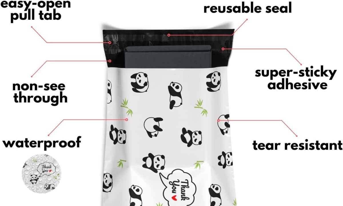 Poly Mailers 10x13 100 Pack | Self-Sealing Shipping Bags Envelopes for Small Business | Waterproof Durable Packaging | Thank You | Panda Animal Love Cute | à la mode Mailers