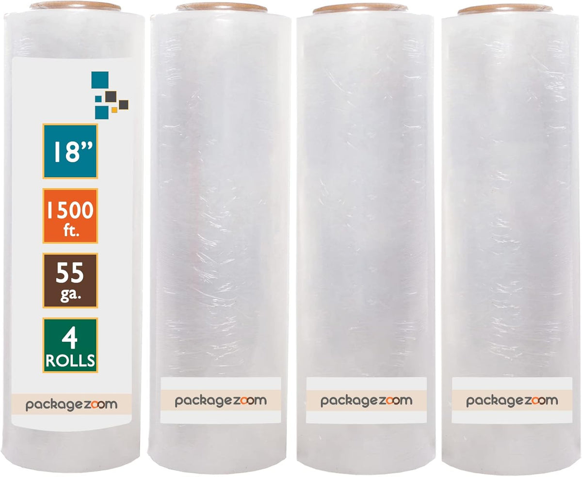 PackageZoom 4 Rolls 18" x 1500 Ft Stretch Wrap Heavy Duty, Industrial Strength Shrink Wrap, 55 Gauge High Performance Stretch Film Replaces 80 Gauge Low Films, Clear Hand Stretch Wrap