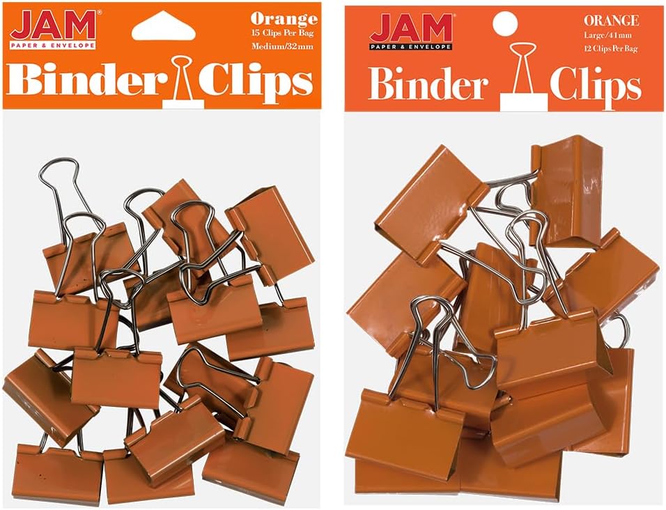 JAM PAPER Colorful Binder Clips Assortment - Medium & Large Size - Orange Binderclips - 27 Clips/Pack