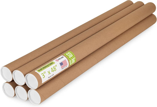 3" x 48" Reinforced Kraft Paper Mailing Tube, Pack of 6 Tubes with 12 Caps – Secure USPS Approved Poster Tube – Cardboard Tube for Shipping and Storing Posters, Prints, Artwork, or Documents