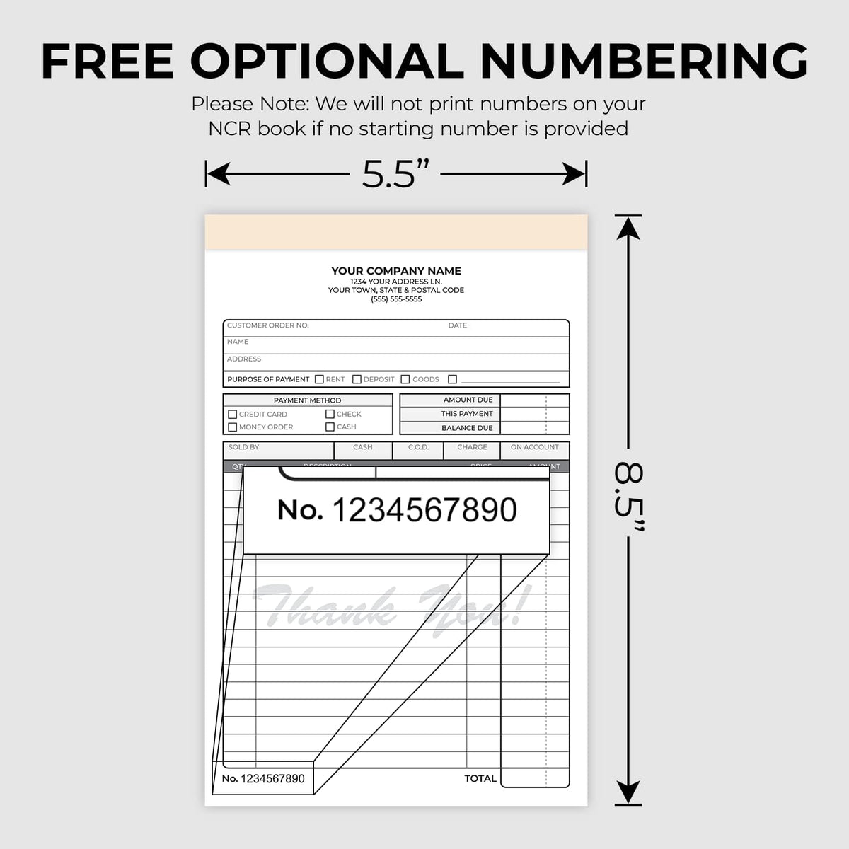 Custom 5.5" x 8.5" Carbonless NCR Books in 3-Part Triplicate Invoices, Receipts, Work Orders, Sales Orders, Purchase Orders, Estimates, Quote Forms with Your Company/Business Name (66 Sets)