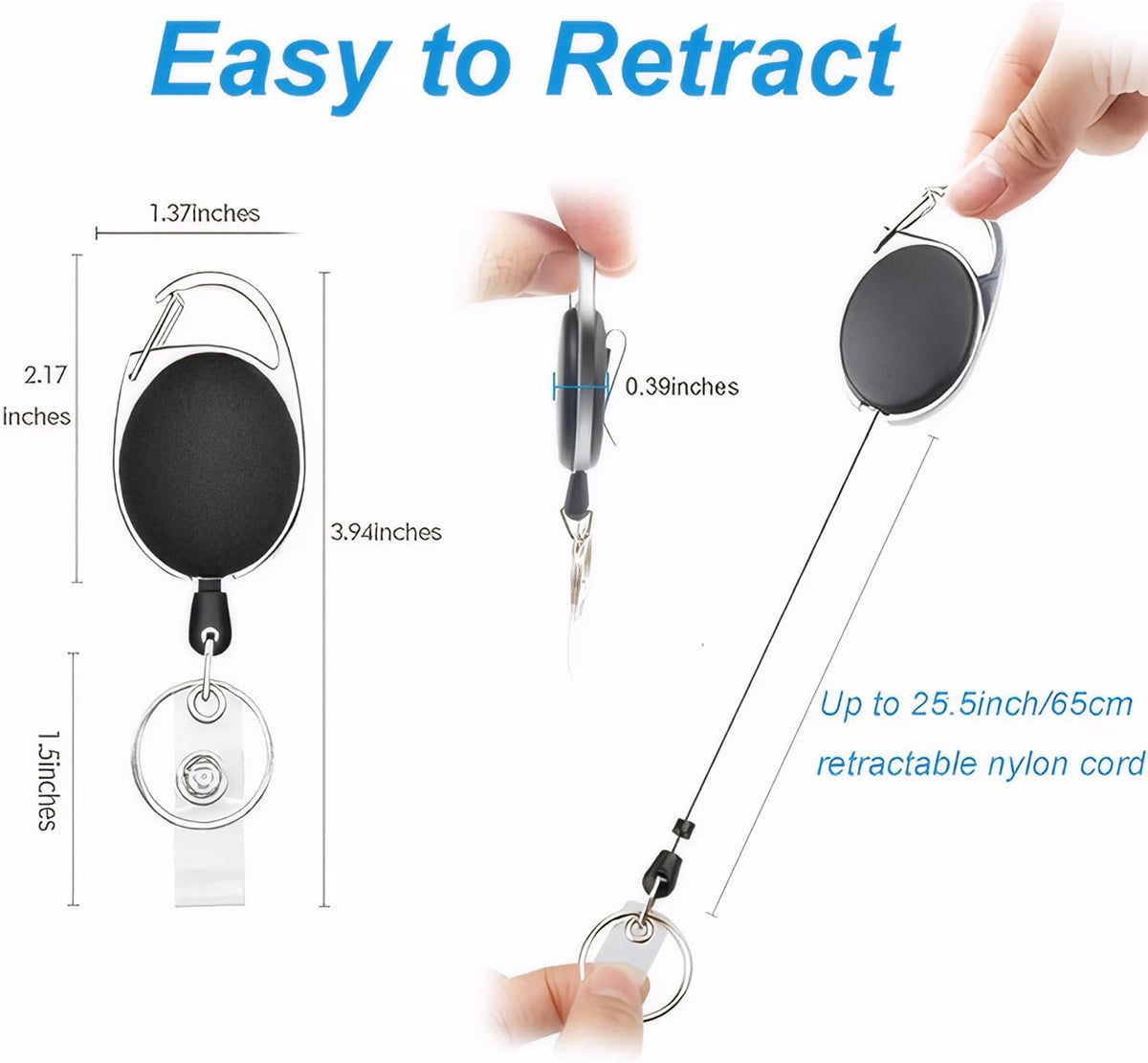 50 Pack Heavy-Duty Retractable Badge Holders with Carabiner Clip and Key Ring, Black ID Badge Reel for Office, ID Card Holder and Key Chain