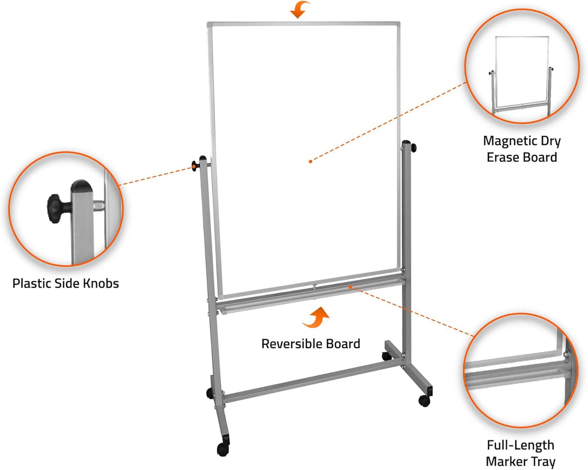 Luxor Mobile MB3648WW Dry Erase Double-Sided Magnetic Whiteboard with Aluminum Frame and Stand,36"W x 48"H