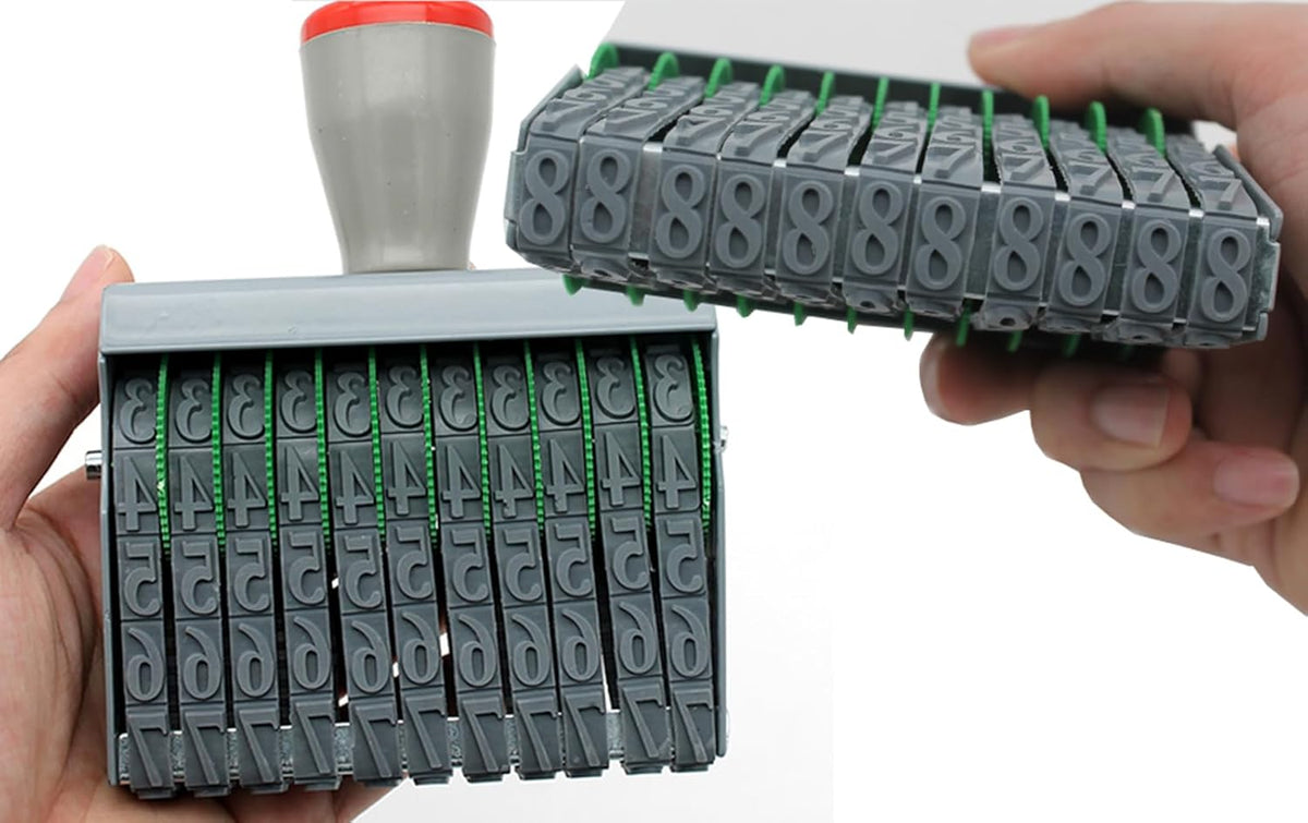 ZENG Adjustable Manual Rolling Stamp with Number 0-9 and Symbols - Metal/Rubber Office Numbering Tool, 92x12mm Imprint, Multicolor- Ink Not Included (Extra Large 11 Digit)