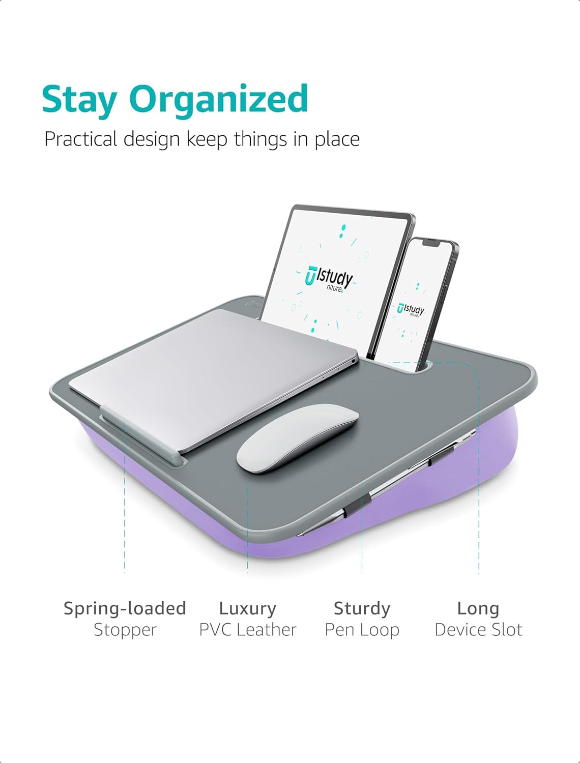 Istudyniture Lap Desk | Portable Laptop Desk & Stand – Fits Up to 17 inch – Washable Cushion, Built-in Phone Holder – for Bed, Couch, Sofa, Floor – Writing, Reading, Home Office – Large, Purple