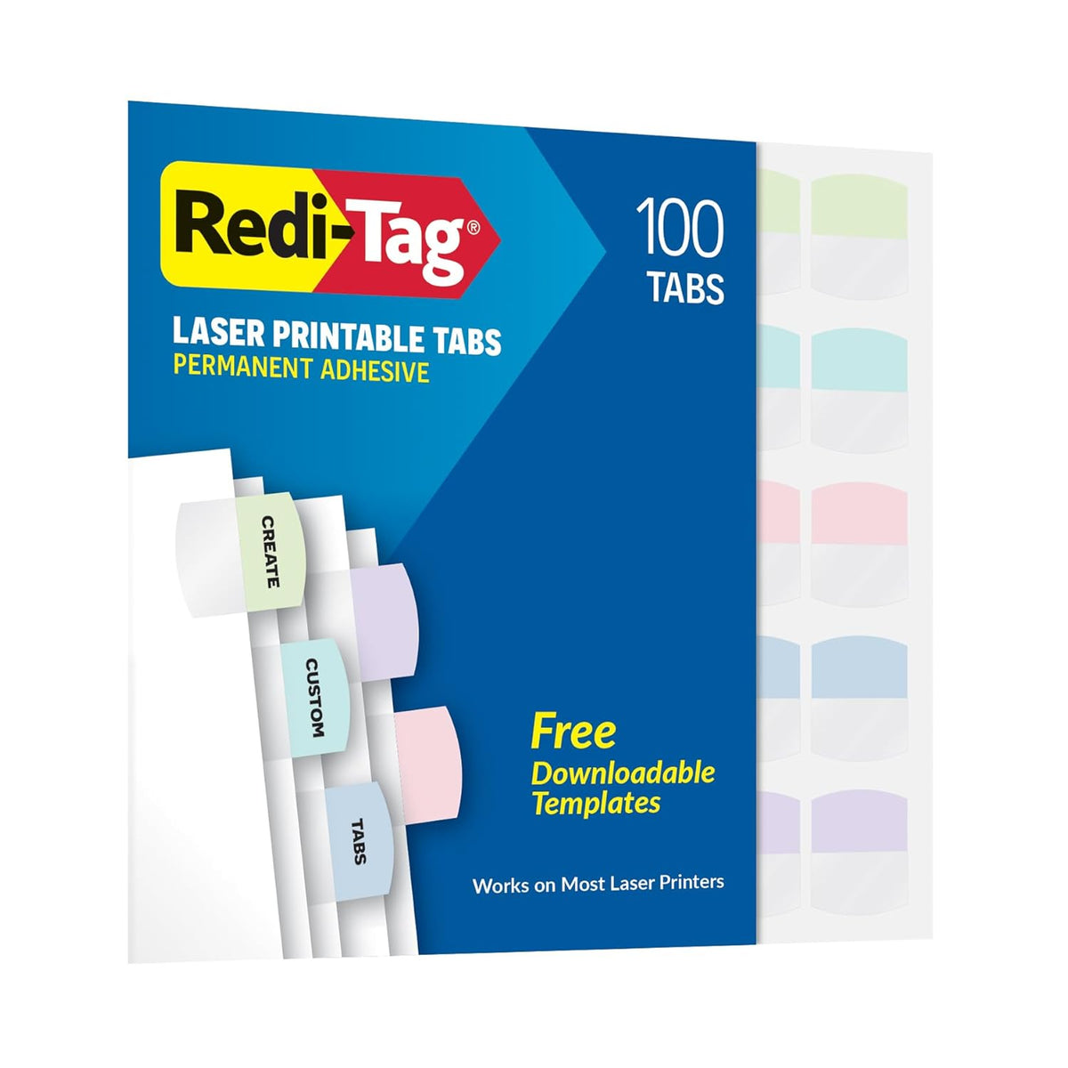 Redi-Tag Laser Printable Tabs, Permanent Index Tabs, Customizable Adhesive Labels, Assorted Pastel Colors, 1.125" x 1.25", 100 Per Pack (1006790)
