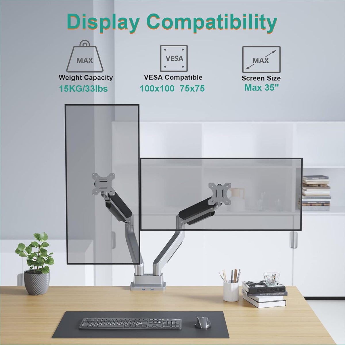 WALI Dual Monitor Mount, Monitor Arms for 2 Monitors, Fully Adjustable Gas Spring, with 2 Easily Accessible USB 3.0 Ports for Display Up to 35 Inch, 33lbs, (GSMU002), Silver