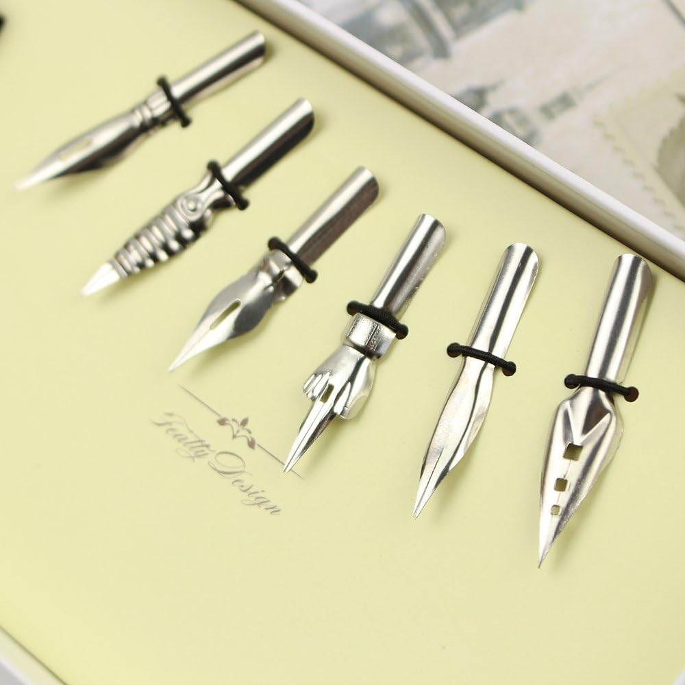 FEATTY Dip Pen for Drawing with ink - Antique Wooden Calligraphy Kits for beginners with 6 Replaceable Nibs