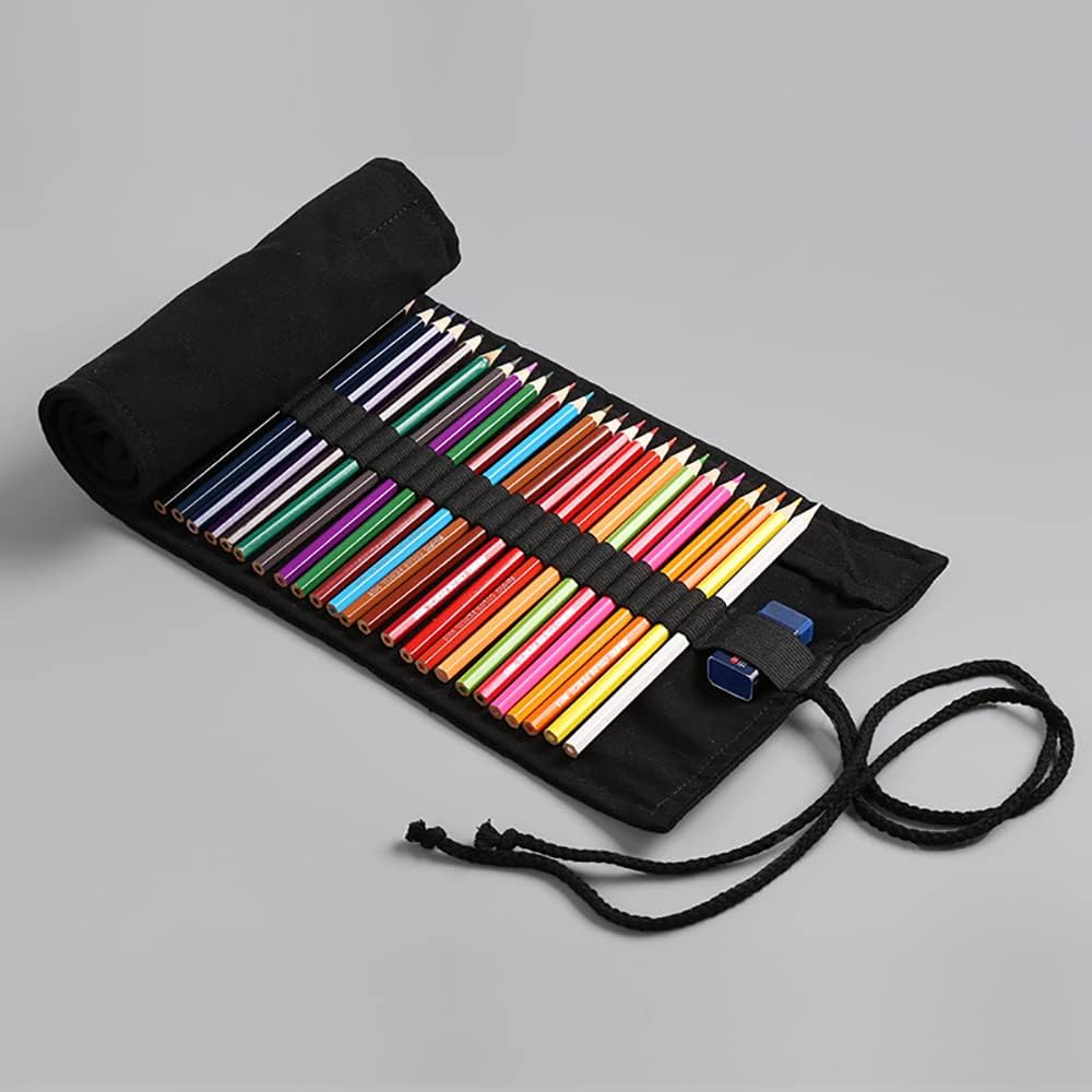 DIYOMR 24/36/72 Slots Pencil Wrap Pencil Rolls, Artist Colored Pencils Roll Up Bag Short Brushes Pouch Case Pencils Organizer for Drawing Coloring and Sketching (Black, 24slots)