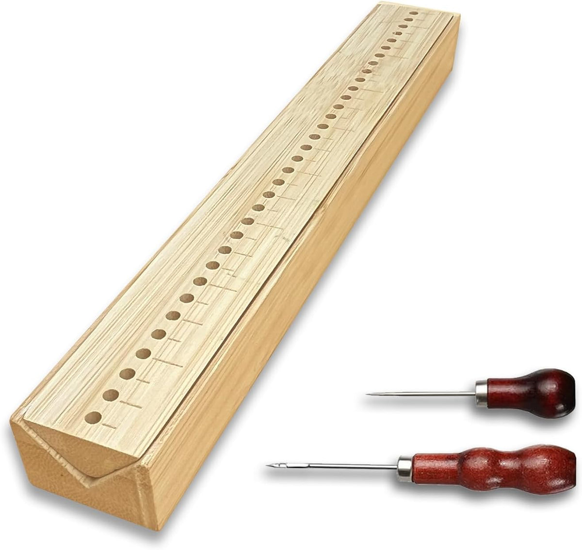 Bamboo Book Binding Cradle with 2 Awls Wood Bookbinding Punching Cradle with Piercing Guide Portable Book Binding Tools Book Binding Kits Bookbinding Supplies for Book DIY Crafts (Style C)