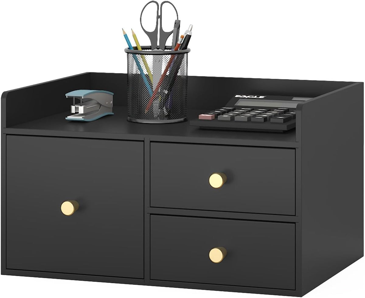 Bamboo Desk Organizer with Drawers Wooden Desktop Storage Organization Box for Bills Office Supplies Kitchen Utensils Organizing Tool for Home Classroom Vanity, No Assembly Required (3 Drawer, Black)
