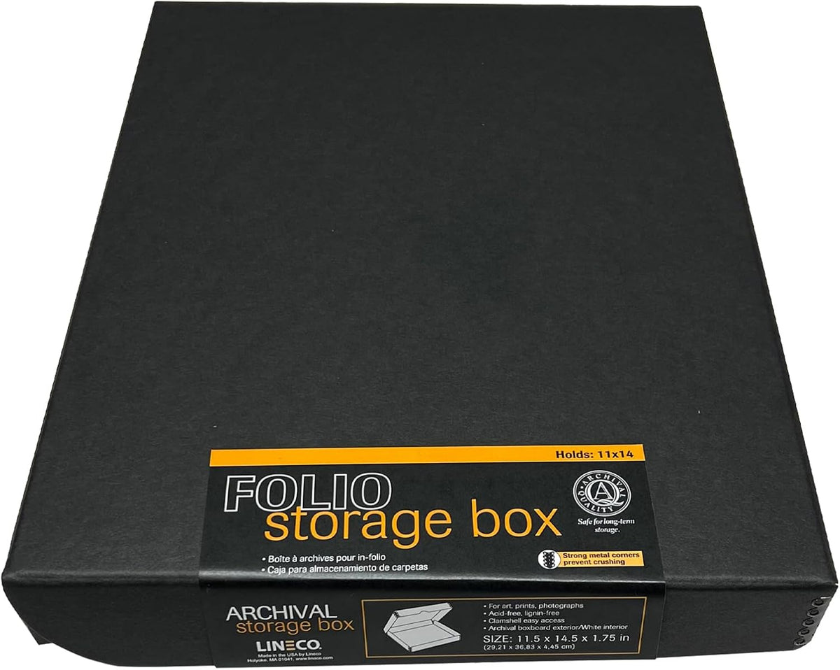 Lineco Folio Storage Box. Archival Clamshell with Metal Edge Boxboard, 11 x 14 x 1.75 Inches, Longevity Organize and Store Photos Documents Craft Cards Magazine Prints Wedding Dresses DIY, Black