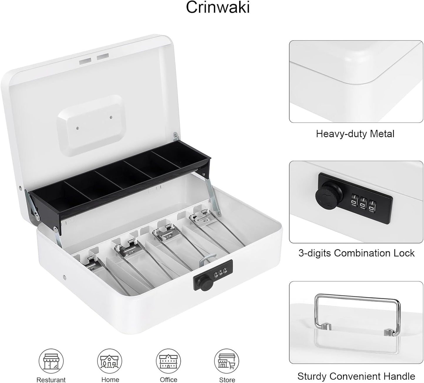 Cash Box with Money Tray and Combination Lock, Large Money Box for Cash Regiser, Safe Lock Box for Money Saving Metal 11.8"x9.45"x3.54" White XL Large