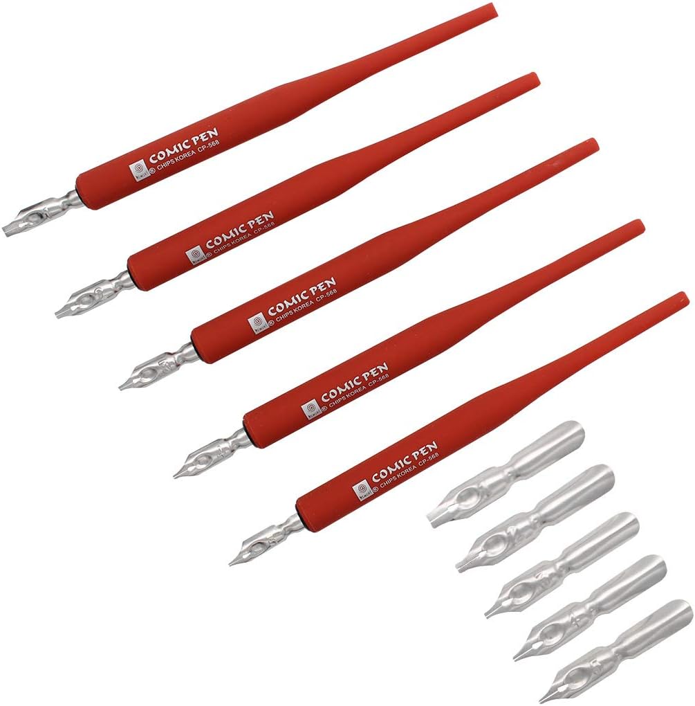 Plastic Professional Manga Gothic Pen Dip Pen Set with 5 Nibs Manga Calligraphy Drawing Pen Kit - 5 Pcs, Red