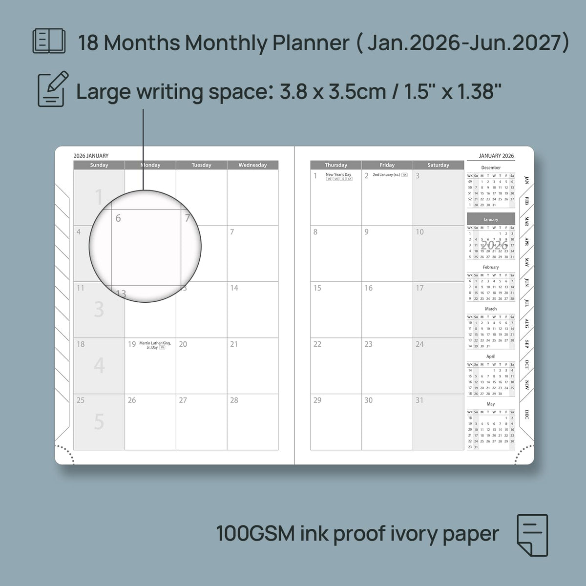POPRUN Monthly Planner 2026-2027 (Medium- 6.5'' x 8.5'' Soft Cover), 18-Month Calendar Book (Jan.2026 - Jun. 2027), Calendar Planner with Monthly Tabs & Pocket, 100 GSM Paper - Grey