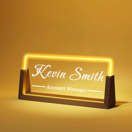 Personalized Desk Name Plate with LED Light & Wooden Base, Custom Acrylic Name Sign | Custom Office Decor & Appreciation Gifts for Boss Coworkers, New Job Promotion Gift (Style 4)