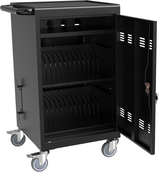 36-Device Mobile Charging Cart with Charging Power Strip and Front and Rear Access Locks, Cable Management, Up to 17"", Safe Charging Cabinet for Ipads, Chromebooks, Tablets, Laptops Black