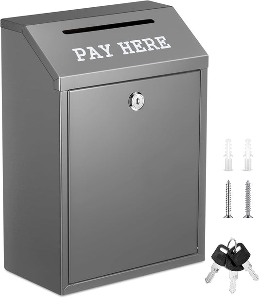 Safe Cash Box Money Collection Metal Donation Box with Lock Wall Mount Pre Drilled Mailbox Delivery Ballot for Home Office Outdoor Self Serve Stand(Gray,11.8 x 8.6 x 4.7 Inch)