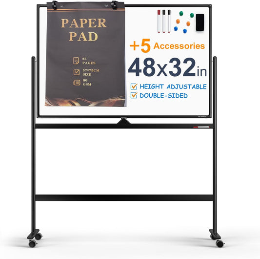 Large Dry-Erase Rolling Magnetic Whiteboard - 48 x 32 Inches Dry Erase Board with Stand Height Adjust Double Sides Mobile White Board Easel on Wheels with 25 Sheets Paper Pad Office, Home & Classroom