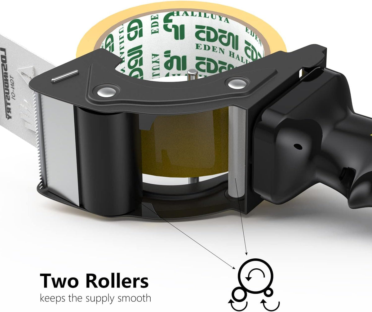 Rapid-Replace Tape Dispenser Gun with 2 Inch X 60 Yard Tape Roll (Transparent) and Extra Blade, Lightweight Ergonomic Heavy Handheld Duty Tape Cutter for Packaging and Box Sealing Black