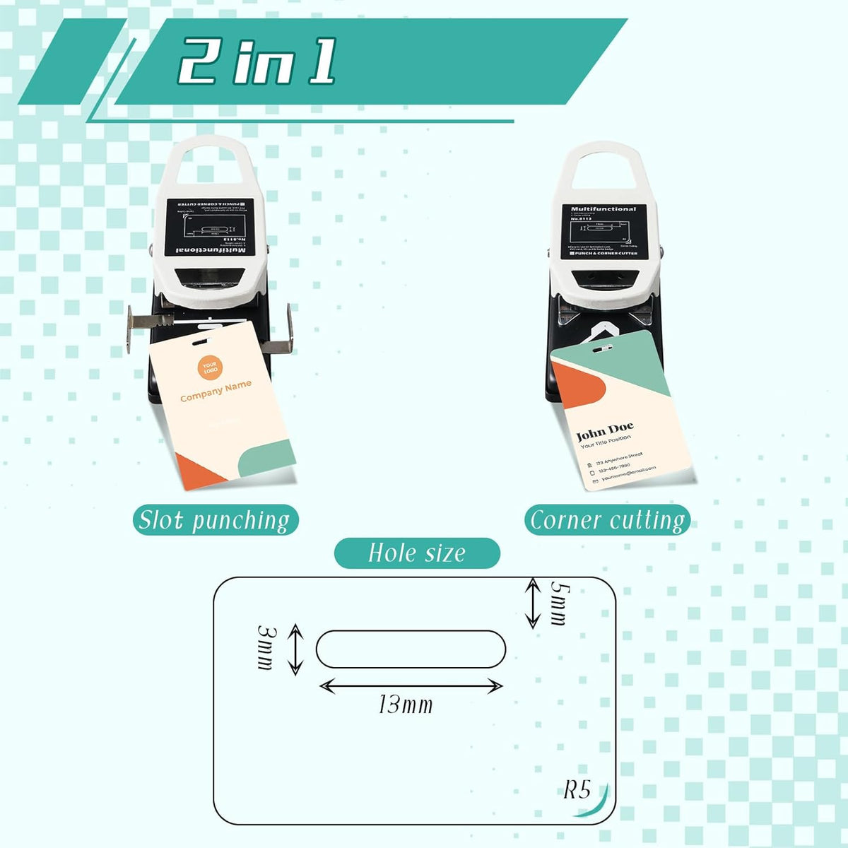 2 in 1 ID Badge Slot Hole Punch 3 x 13 mm and R5 Card Corner Trimmer Dual Use Hand Hold Slot Flat Hole Puncher DIY Corner Rounder Punch Tool for PVC ID Card Name Badge Photo Paper Crafts
