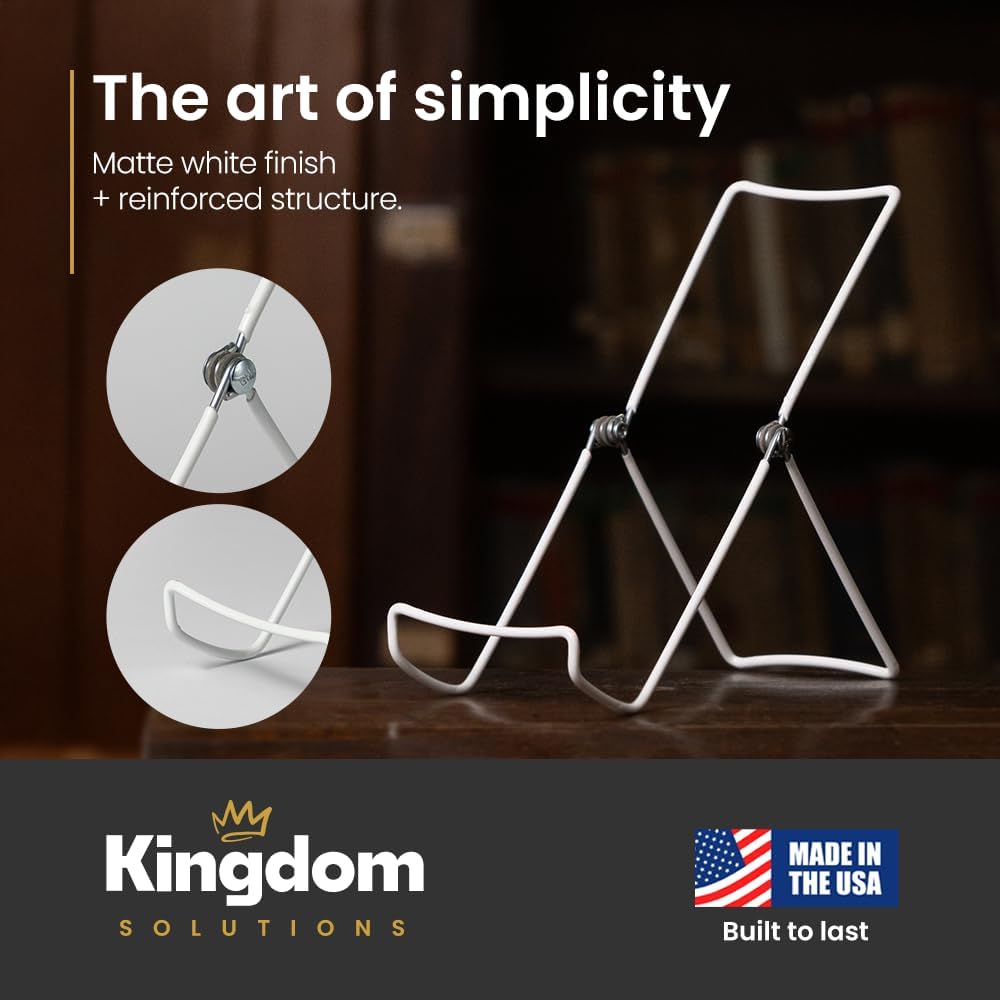 KINGDOM SOLUTIONS MADE IN USA 6-Pack Sturdy & Durable Adjustable White Metal Easels to Display Books, Frames, Comics, Plates & More - Unique on the Market