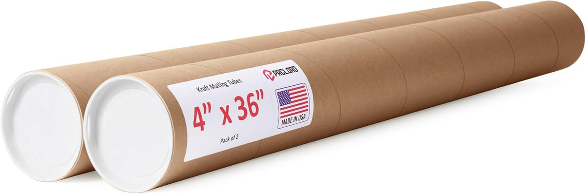 4" x 36" Reinforced Kraft Paper Mailing Tubes, Pack of 2 Tubes with 2 Caps Each – USPS Approved Poster Tube – Made in USA Cardboard Tube for Shipping and Storing Posters, Prints, Artwork, or Documents