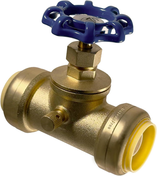 1 inch Push Fit Stop Valve with Drain and Vent, Push to Connect Brass Plumbing Fitting, Pex Pipe, Copper, CPVC, PE-RT, HDPE, 2-5-3=5, 5 Pieces