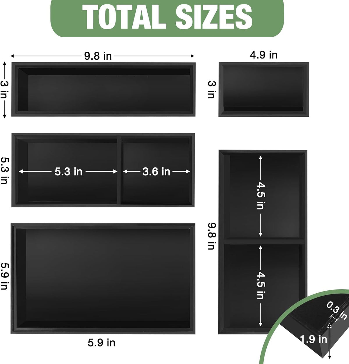 Bamboo Drawer Organizer, 5-Piece Silverware & Kitchen Organizer Set with Removable Dividers for Kitchen, Utensils, Bathroom, Office, Makeup (Black)