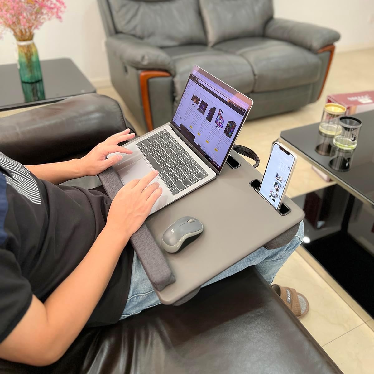 Lap Desk Home Office Lap Desk Portable Laptop Desk for Left Right - Handers with Whole Mouse Pad Wrist Pad Dual Cushion Phone Tablet Slots Fits Up to 17 Inch Laptops