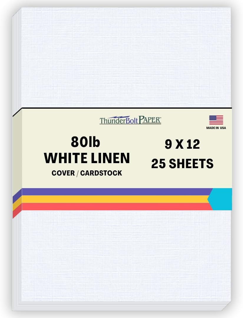 25 Bright White Linen 80# Cover Paper Sheets - 9 X 12 Inches Frame and Sketch Pad Size - 80 lb/pound Card Weight - Fine Linen Textured Finish Cardstock
