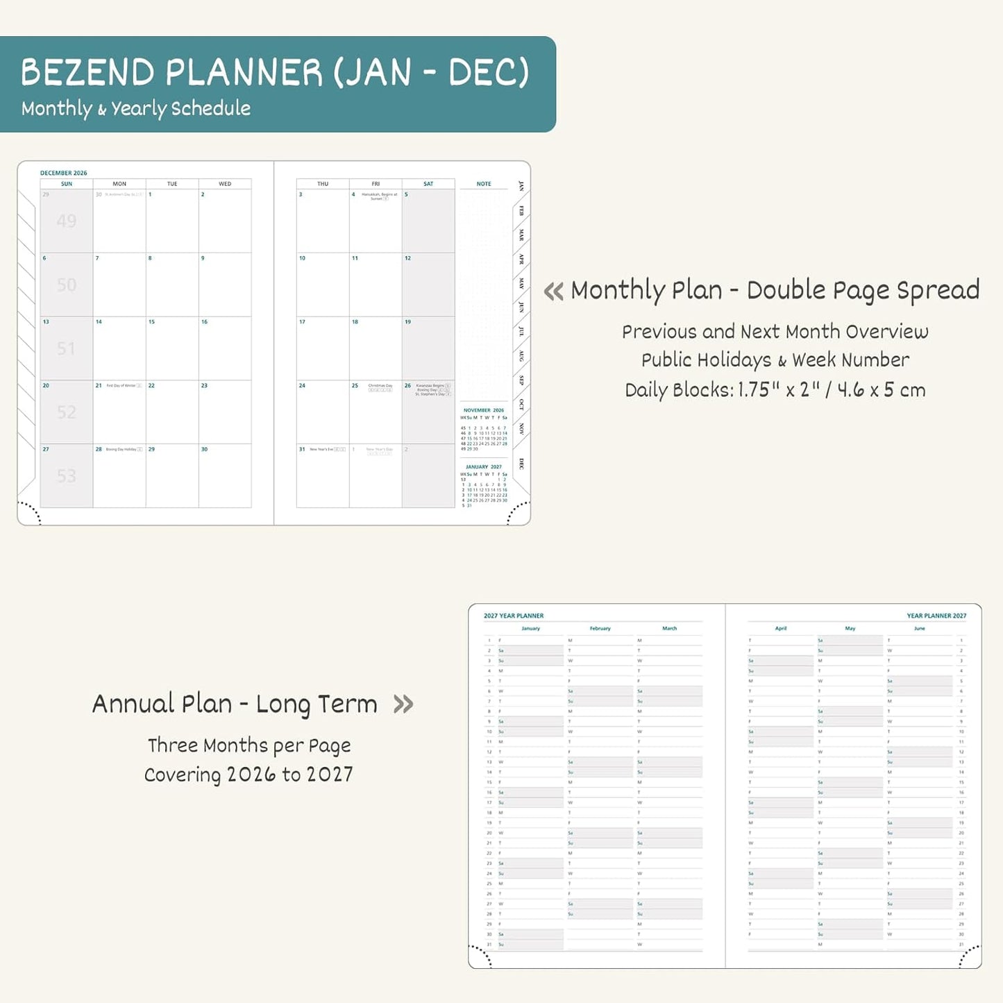 BEZEND 2026 Planner Weekly and Monthly (8.5" x 11") Daily Calendar with Half-Hourly Timeslots & Tab (Jan-Dec) Note & Expenses, Pen Holder, Inner Pocket, Vegan Leather Hardcover - Kiwi