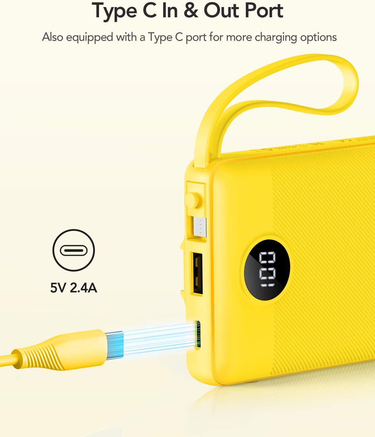 VRURC Portable Charger with Built-in Cables, 10000mAh LED Display USB C Power Bank, Slim Travel Battery Pack with 5 Output 2 Input Compatible with iPhone,Samsung,Android etc-Yellow(1 Pack)