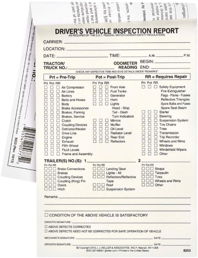 J. J. Keller Detailed Driver's Vehicle Inspection Report (Pre- & Post-Trip) Meets FMCSR Requirements, Book Format with 31 Sets, 2-Ply Carbonless, 5.5" x 8.5", 5 Pack