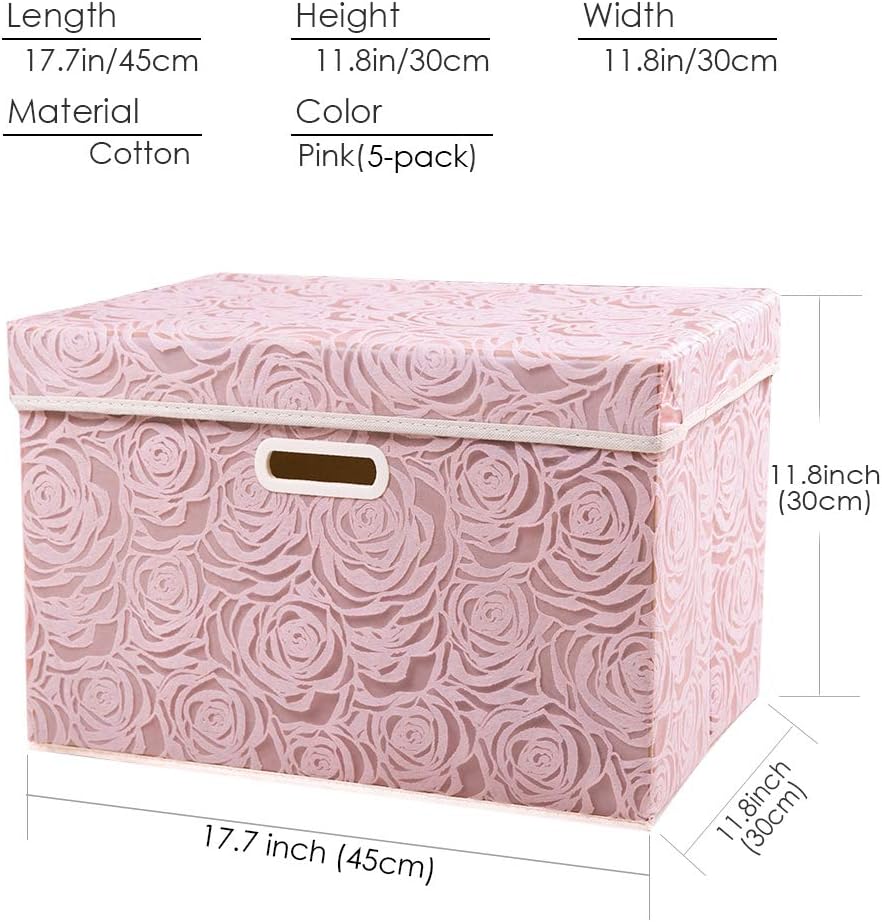 PRANDOM Large Foldable Storage Boxes with Lids [5-Pack] Fabric Decorative Storage Bin Cubes Organizer Containers Baskets with Cover Handles for Bedroom Closet Nursery Pink 17.7x11.8x11.8 Inch