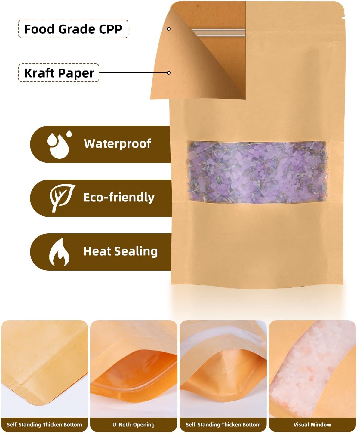 50pcs Kraft Bags with Window 3.5x5.5 Inches Brown Reusable Sealable Zip Lock Food Storage Stand up Paper Pouches for Home or Business
