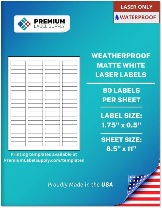 Premium Label Supply Waterproof White Return Address Sticker Labels – 1.75" x 0.5" – Laser Printers Only – (80 per Sheet), 25 Sheets - 2,000 Total Adhesive Labels