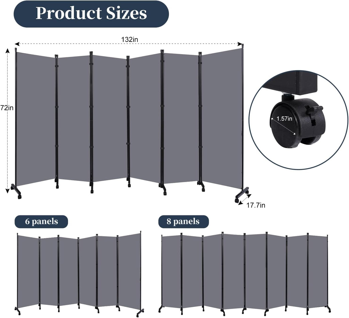 Room Divider Folding Privacy Screens with Lockable Wheels, 132'' Fabric Partition Room Dividers Freestanding Room Divider Panel for Room Separation, Wall Divider for Home Office Bedroom Studio Decor