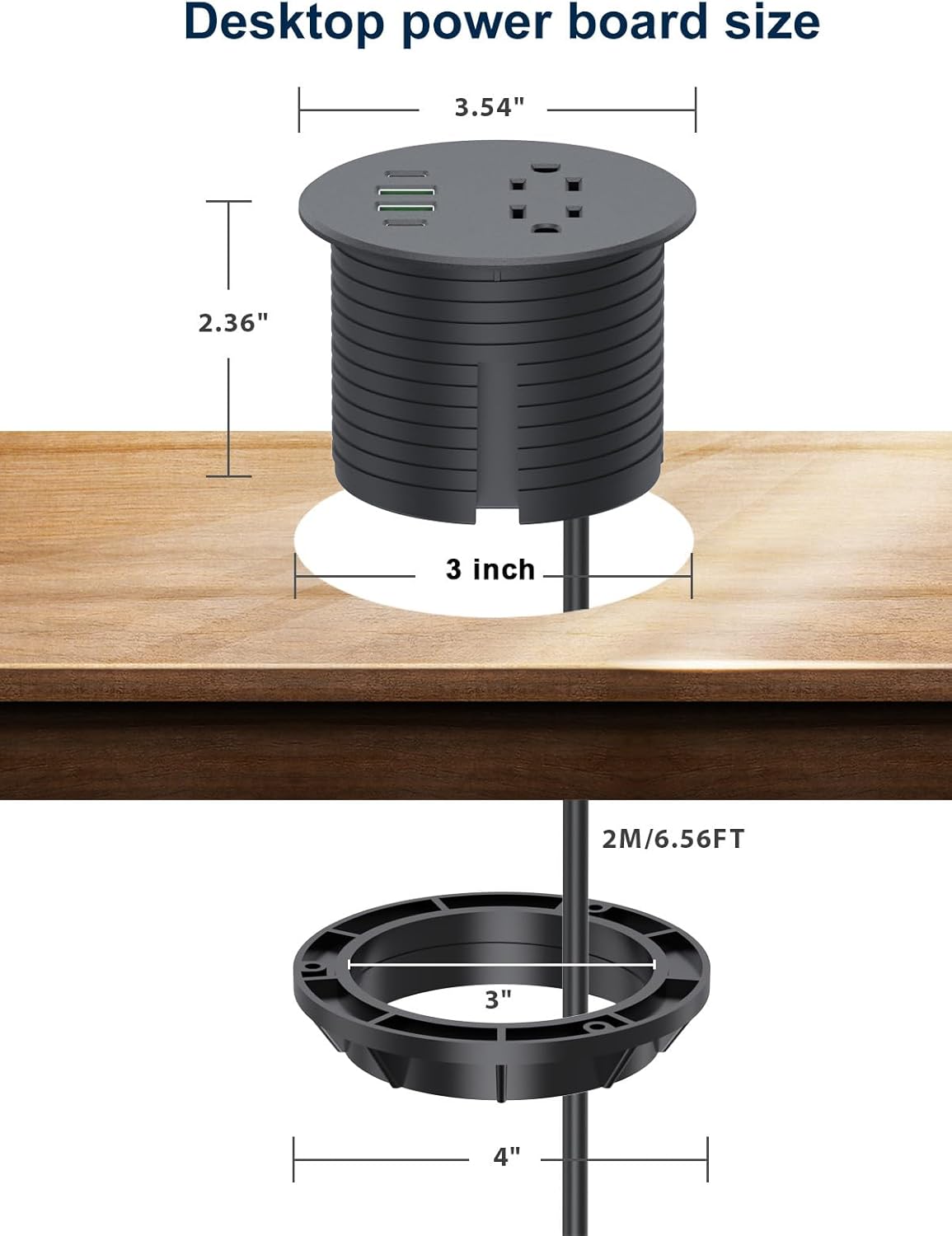 Desktop Power Grommet 3 inch with PD20W USB C Ports 2 AC Outlets,Recessed Power Grommet Outlet Fast Charging Station,Desk Hole Grommet Outlets,Round Deskt Grommet Outlet for Office,Home (Black)