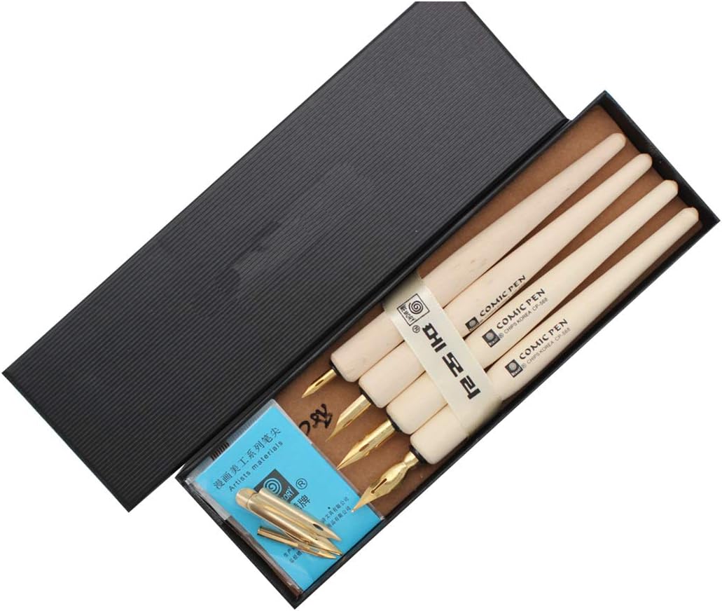 Wooden Professional Manga Pen Dip Pen Set with 4 Nibs Manga Cartoon Comic Drawing Painting Kit - 4 Pcs