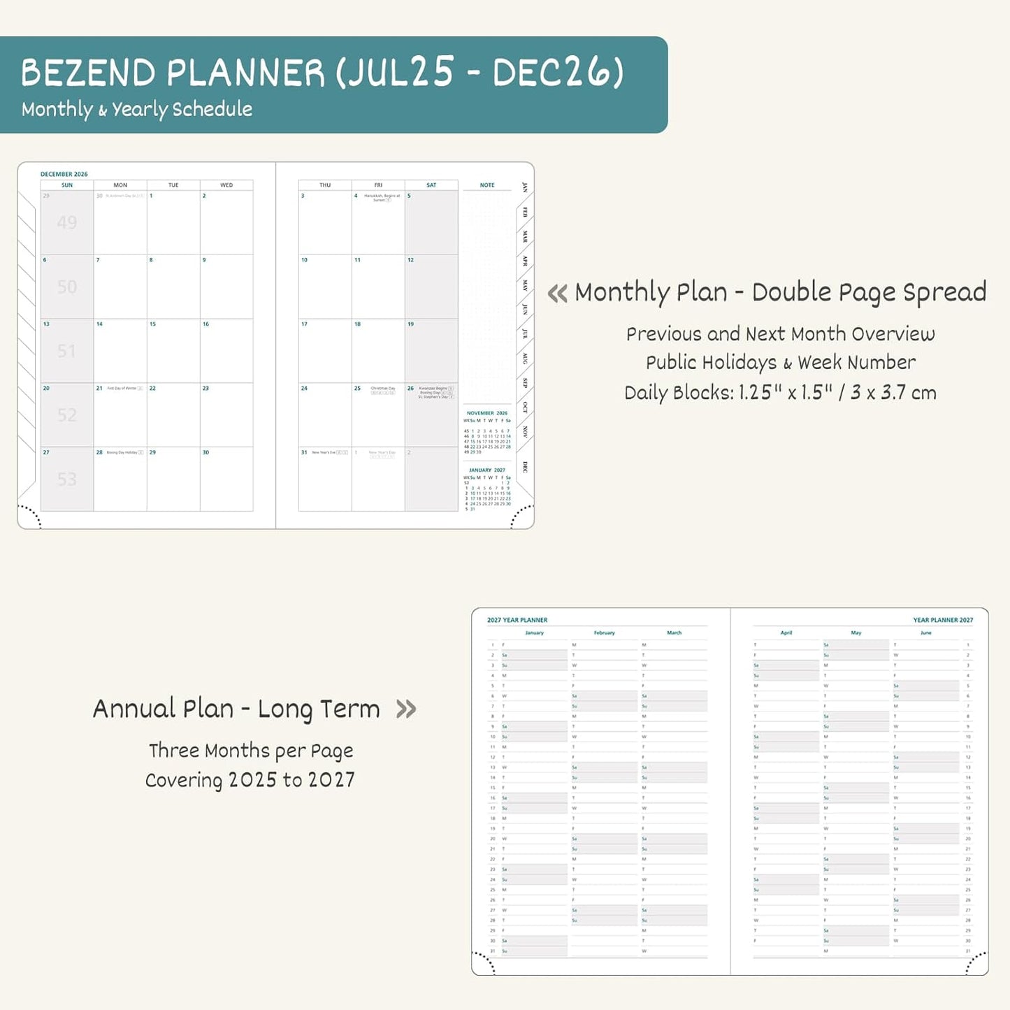 BEZEND Planner 2025-2026 Weekly and Monthly, 5.8" x 8.5" Academic Calendar (Jul 25-Dec 26) Vertical Daily Appointment with Hourly Timeslot & Monthly Tab, PU Leather Hardcover - Turquoise