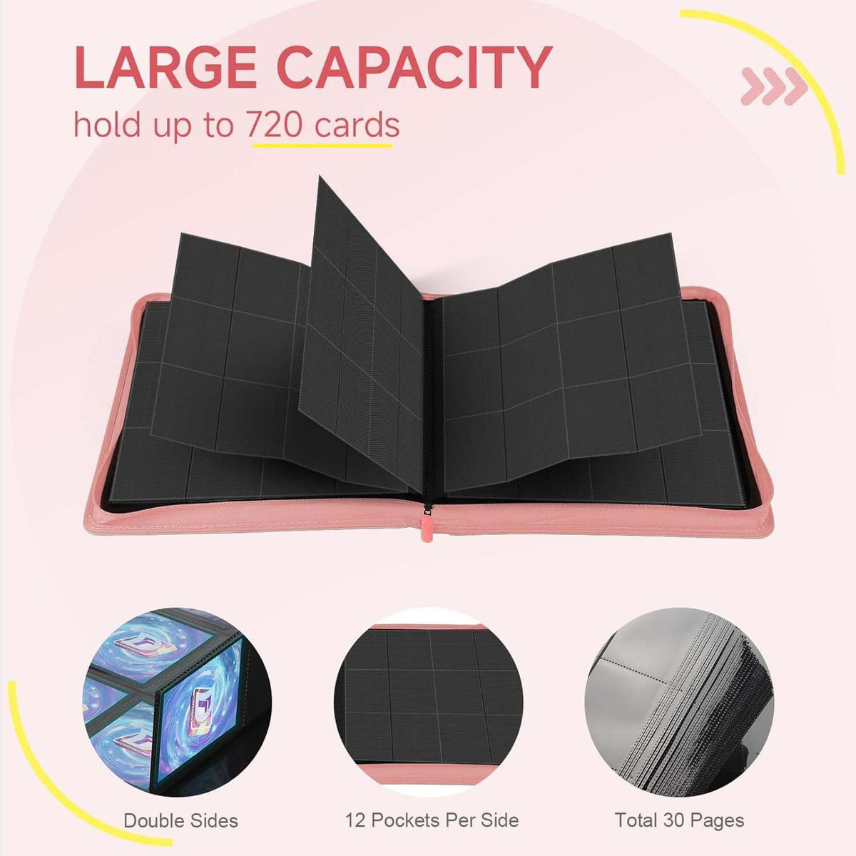 Trading Card Binder with Zip,12 Pockets Card Binder,720 Double Sided Pocket Card Collection Binder,Card Album Card Folder for MTG,TCG,Sports Cards,Game Cards,Pink