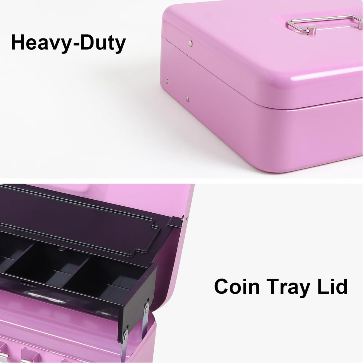 Jssmst Locking Metal Cash Box with Coin Lid, 11.8L x 9.5W x 3.5H Inches, Safe Money Box with Key Lock, Light Purple, SM-CB0517LP