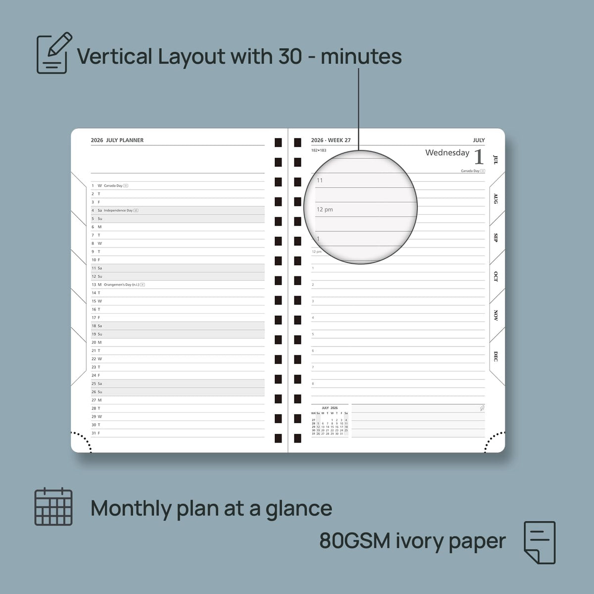 POPRUN 2026 Daily Planner One Page A Day - [8.5" x 5.75" Wire-Bound Hard Cover] Agenda 2026 Hourly Appointment Book with Monthly Calendar, Inner Pocket, Ivory Paper - Pacific Green