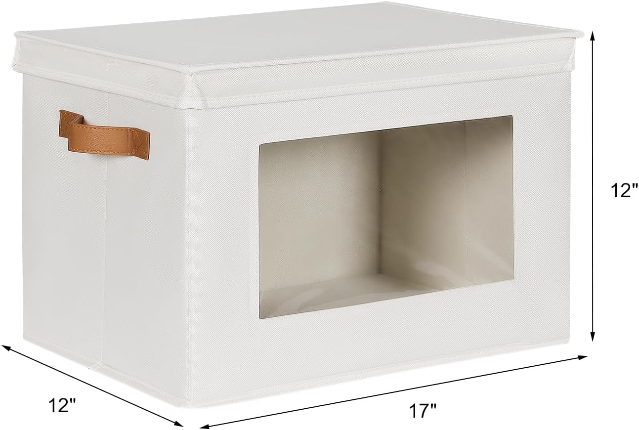 Univivi Storage Boxes with Lids Fabric Foldable Storage Bin for Clothes, [3-Pack] Closet Organizer Containers boxes with Handles for Home, Bedroom, Closet Storage (Beige,17” x 12” x 12")