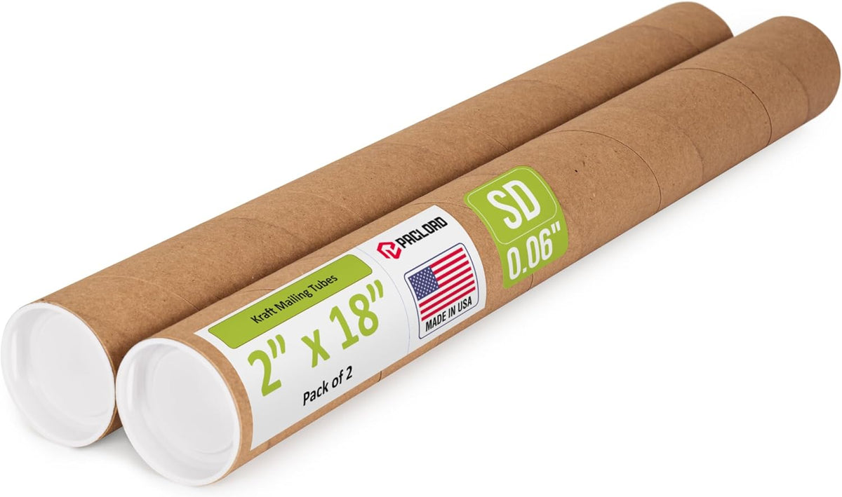 2" x 18" Reinforced Kraft Paper Mailing Tube, Pack of 2 Tubes with 4 Caps – Secure USPS Approved Poster Tube – Cardboard Tube for Shipping and Storing Posters, Prints, Artwork, or Documents